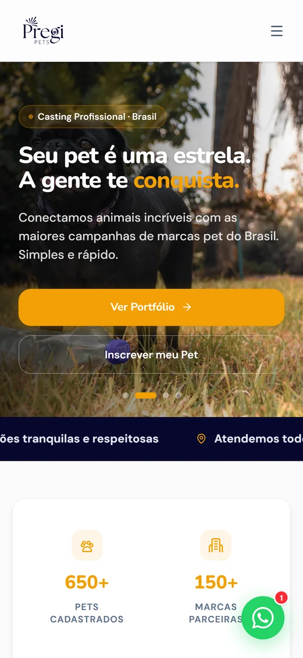 A mesma home da Pregiato Pets aberta no celular, layout responsivo